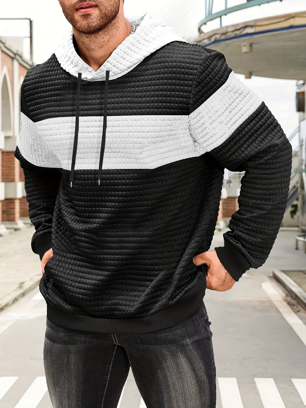 Mens hoodie in White with white hood and chest stripe, worn