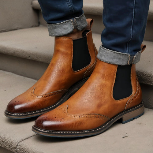 Brogue Detailing Leather Chelsea Boots with Elastic Gusset