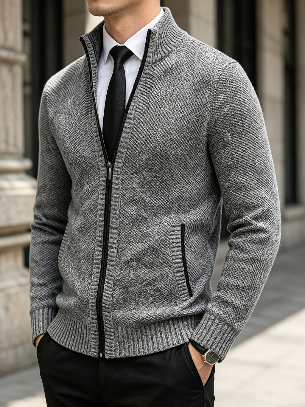 Patch Pockets Cardigan with Stand Collar