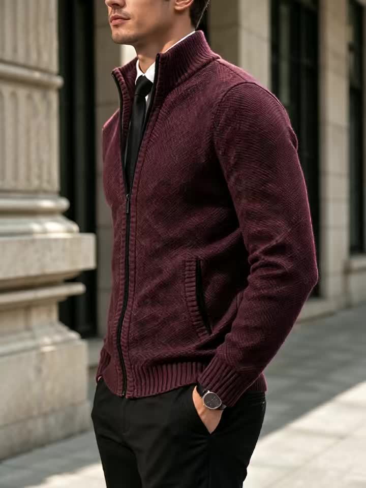 Patch Pockets Cardigan with Stand Collar