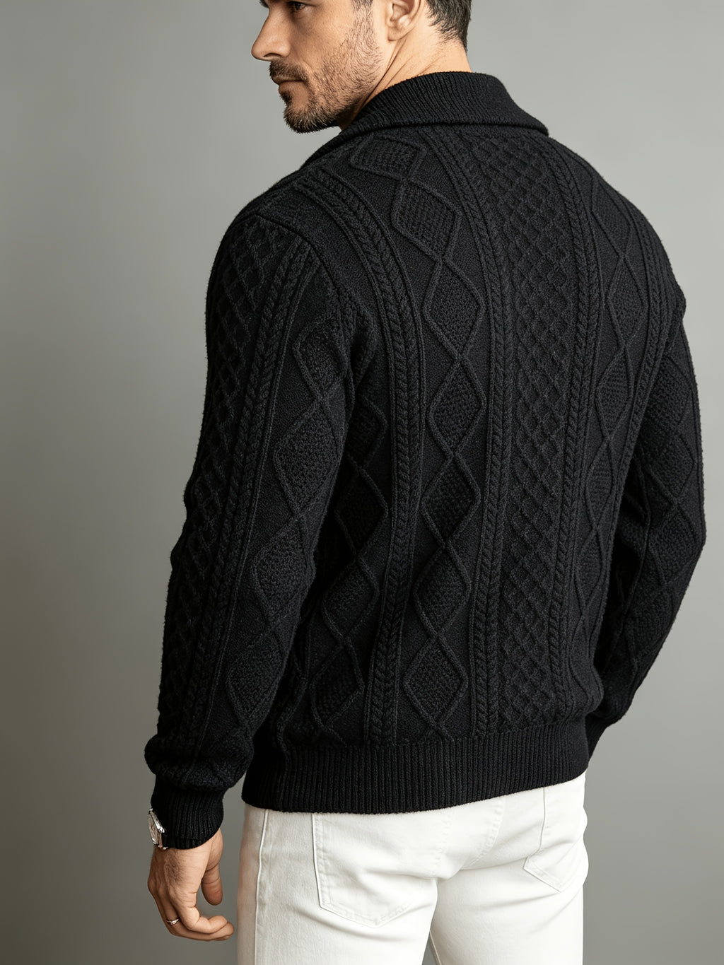 Spread Collar Cable Knit Sweater with Full Zip