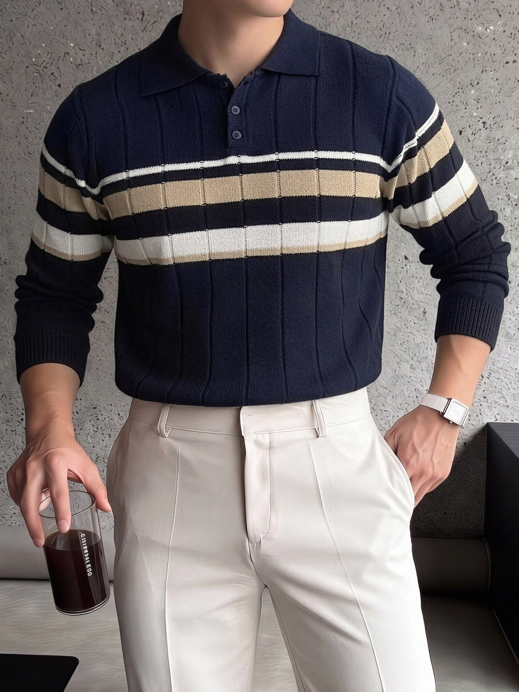 Striped Knit Polo with Button Placket