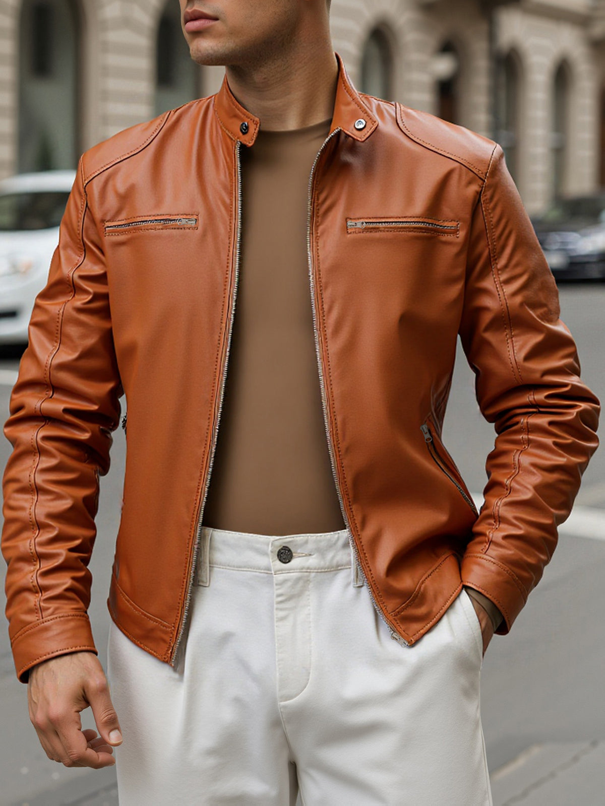 Zip Pockets Leather Jacket with Stand Collar