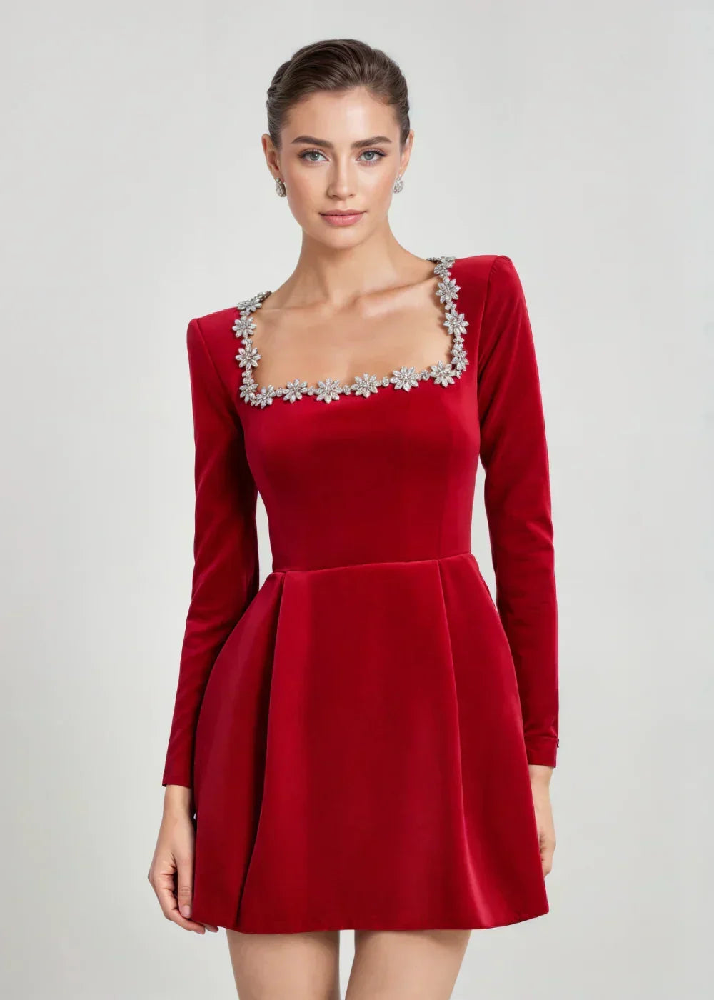 Womens velvet mini dress in Red, front view, waist up