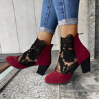Womens lace booties with block heel in Red, worn, side view