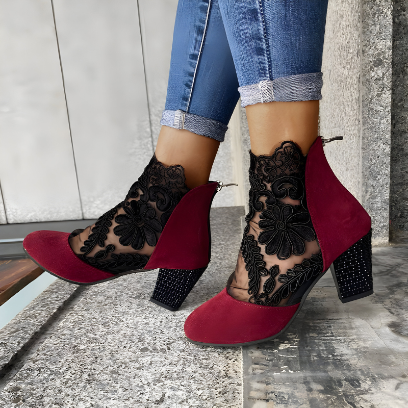 Womens lace booties with block heel in Red, worn, side view