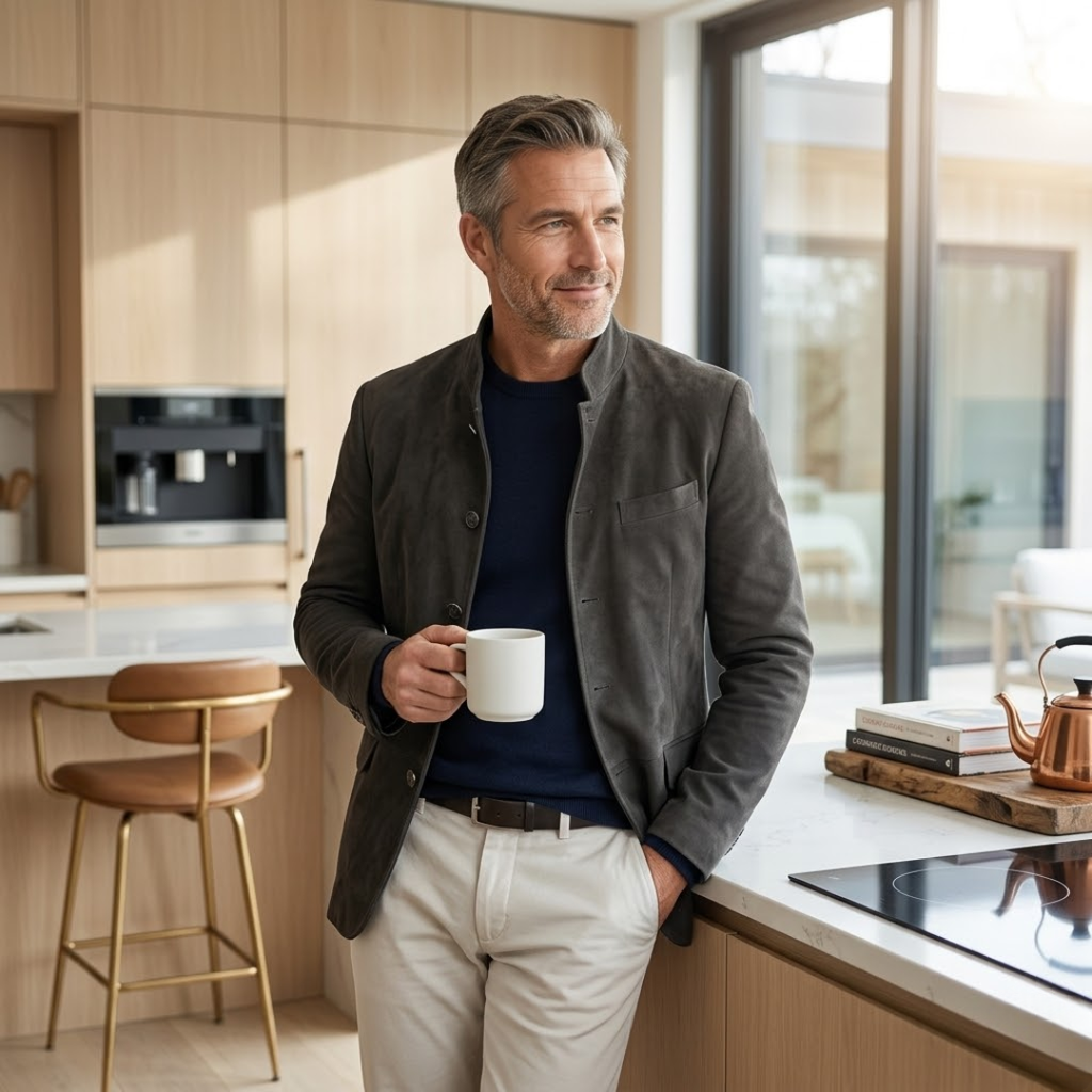 Mens suede jacket in Gray, worn over a navy sweater