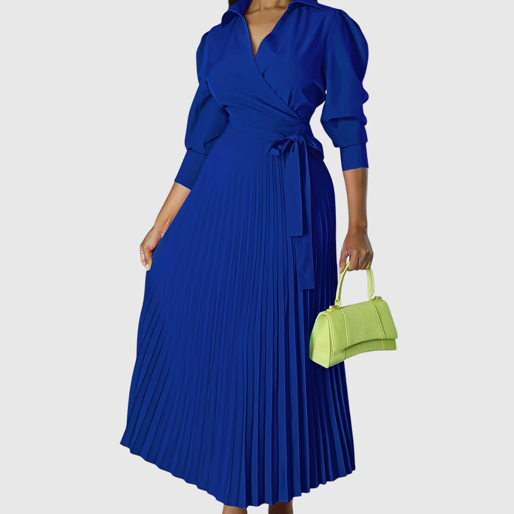 Womens wrap dress with pleated maxi skirt in Blue, tie waist, front view