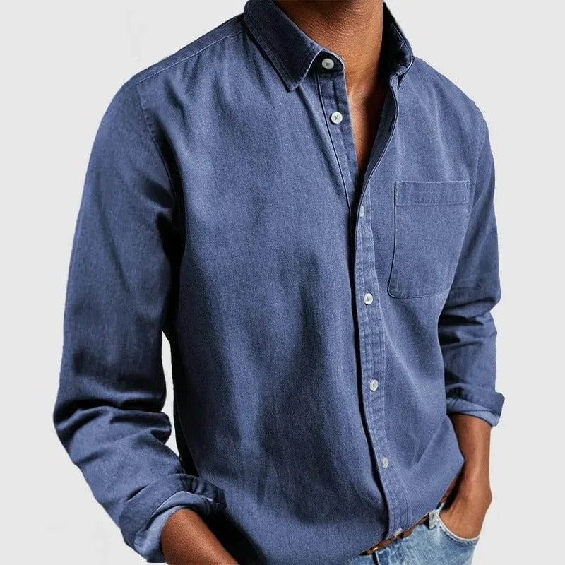 Mens button up shirt in Blue, front view on a model
