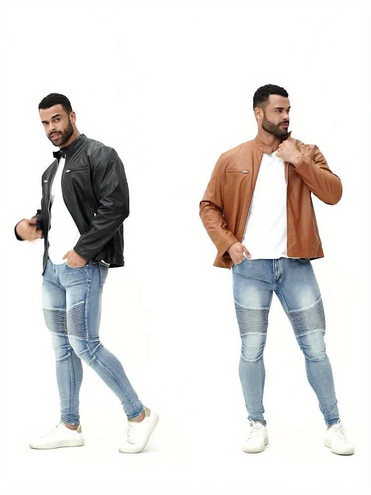 Zip Pockets Leather Jacket with Stand Collar