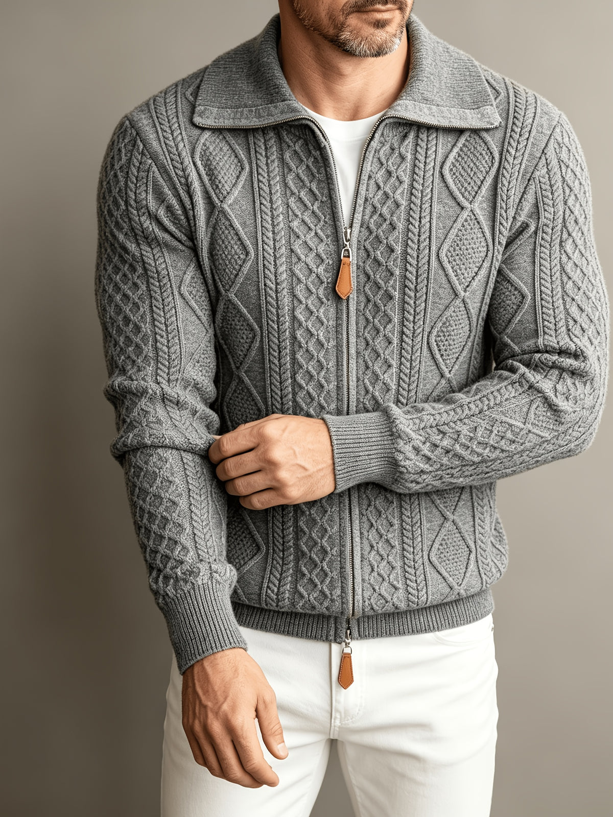 Spread Collar Cable Knit Sweater with Full Zip