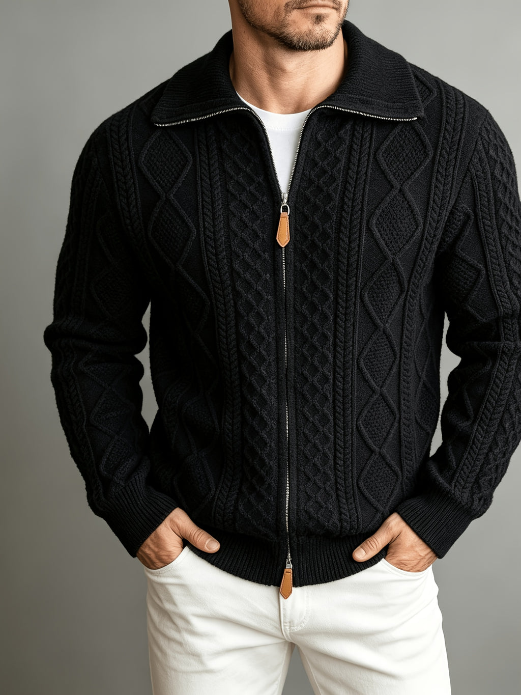 Spread Collar Cable Knit Sweater with Full Zip
