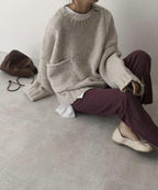 Womens chunky knit sweater in Beige, seated view