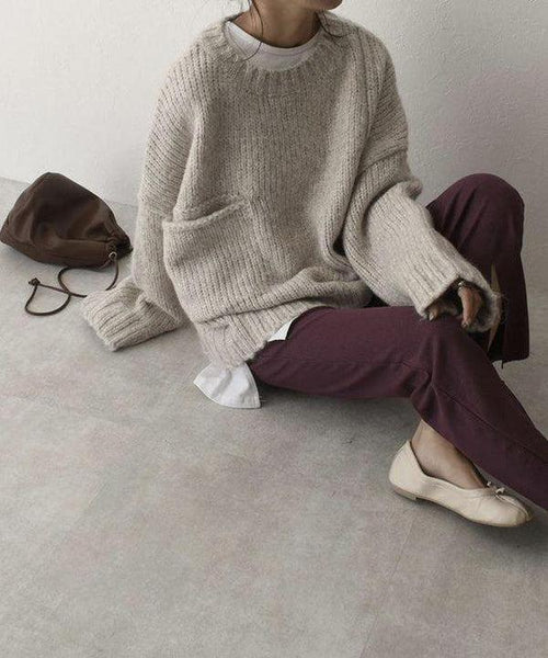 Womens chunky knit sweater in Beige, seated view