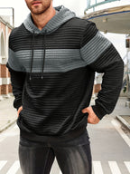 Mens hoodie in Silver with black body and chest stripe, worn