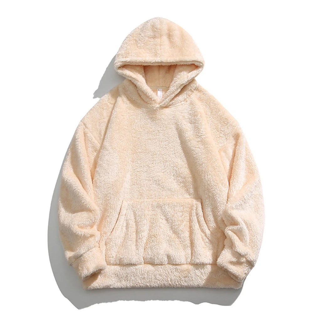 Mens fleece hoodie in Beige, plush pile with kangaroo pocket, front view