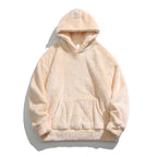 Mens fleece hoodie in Beige, plush pile with kangaroo pocket, front view