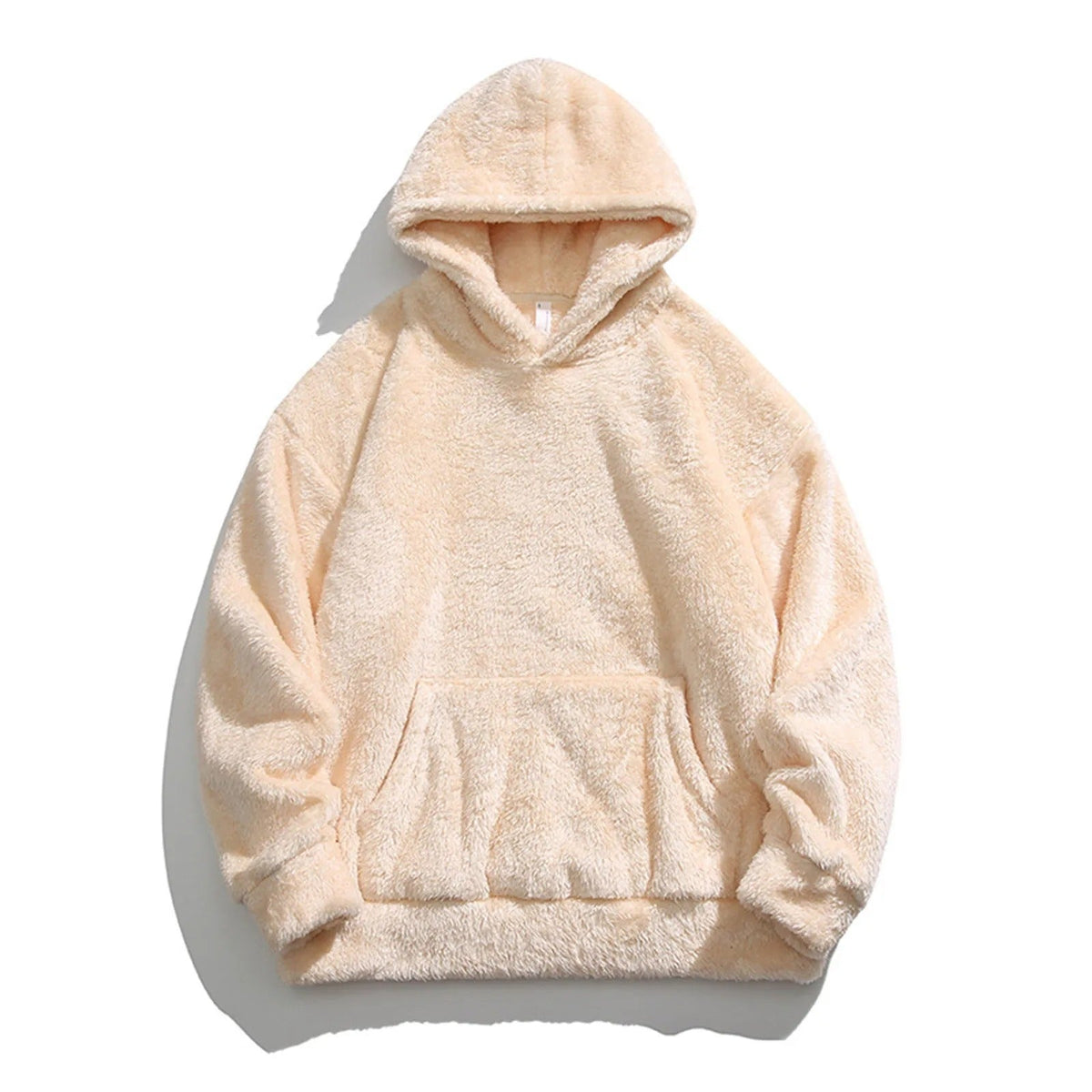 Mens fleece hoodie in Beige, plush pile with kangaroo pocket, front view