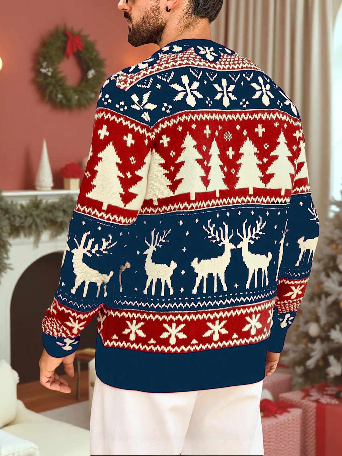 Mens Christmas sweater in Blue, back view