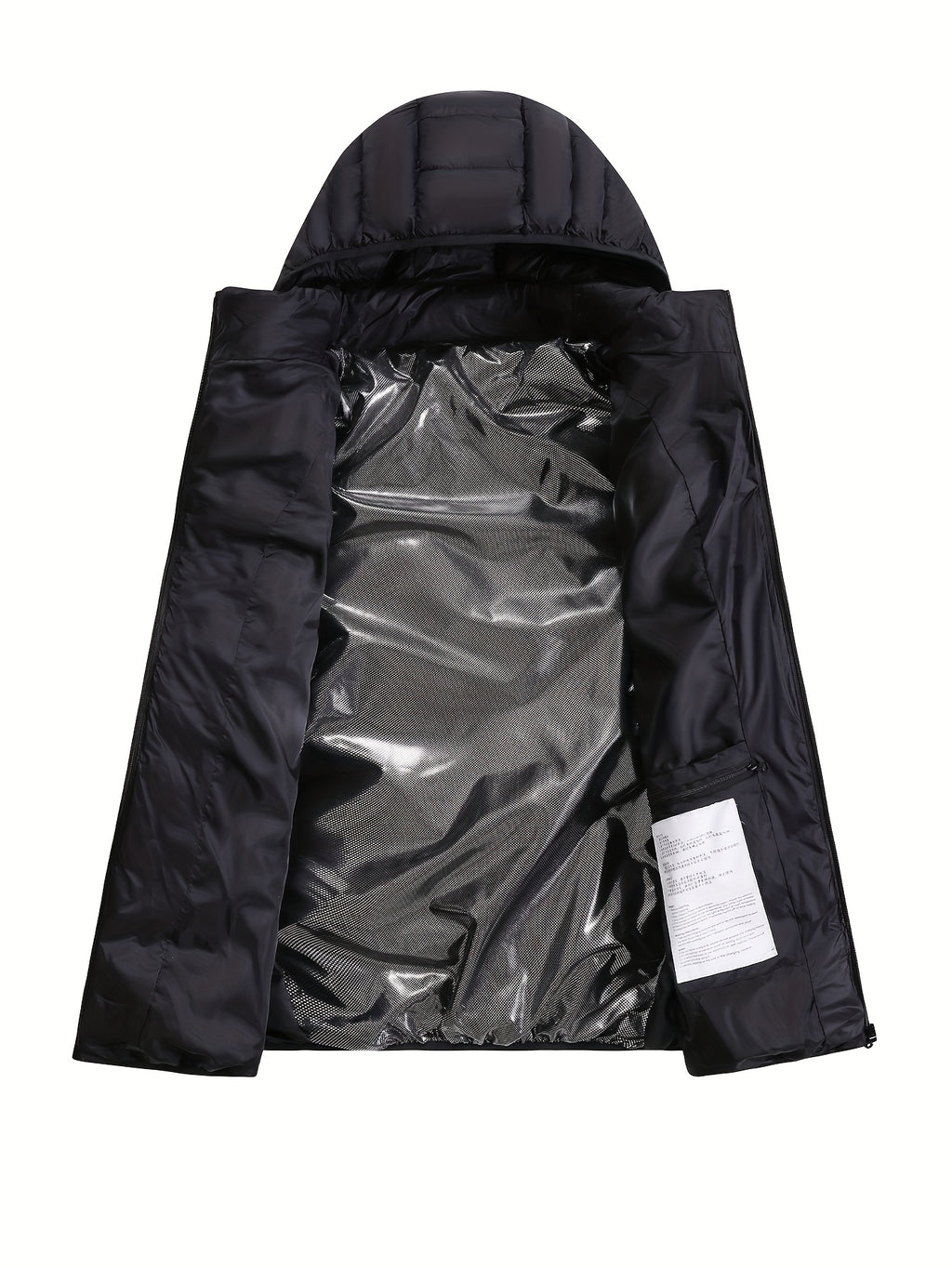 Mens heated jacket in Black, open, showing the inner lining