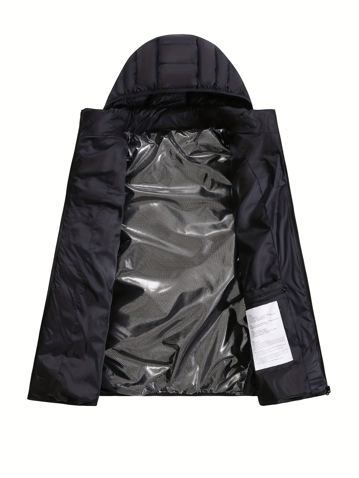 Mens heated jacket in Black, open, showing the inner lining
