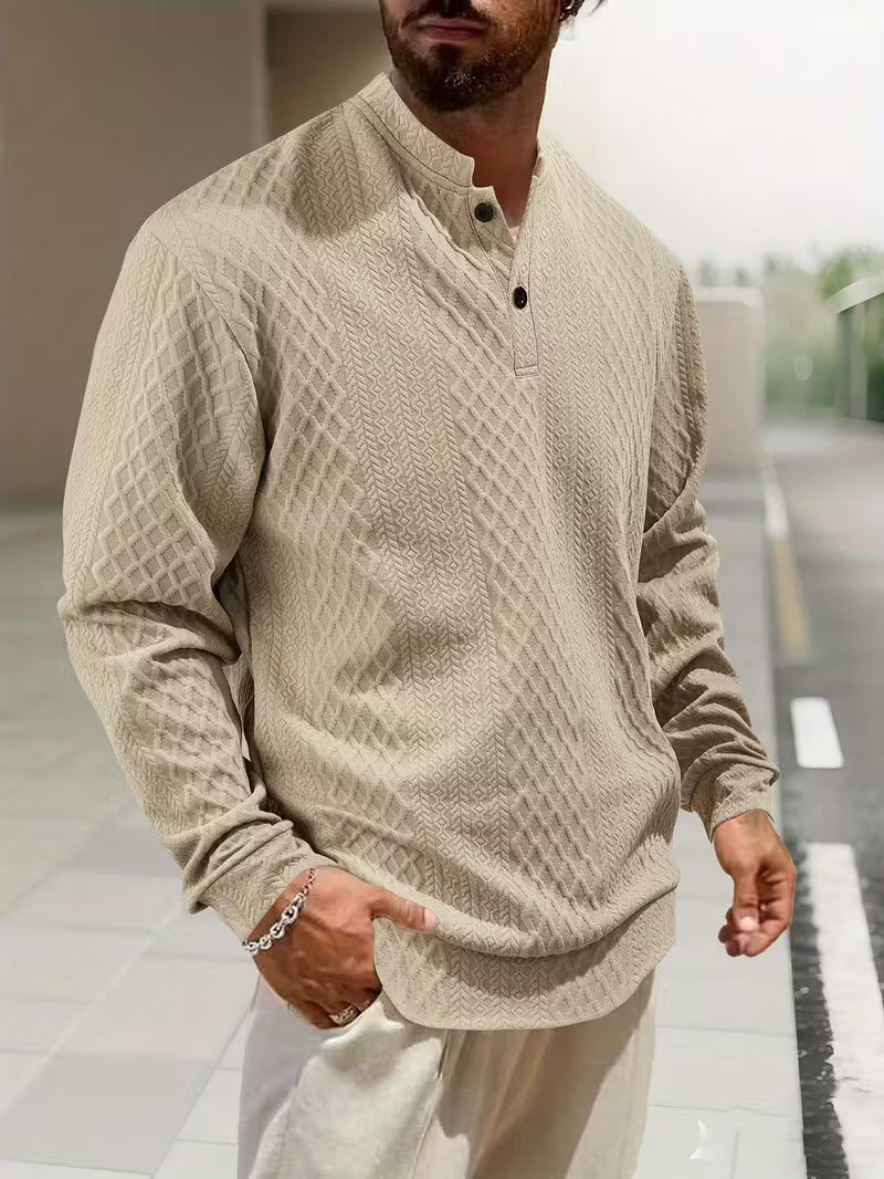 Mens henley sweater in Khaki, front view with button neck