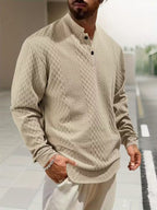 Mens henley sweater in Khaki, front view with button neck