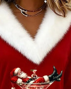 Womens Christmas sweater in Red, close view of the faux fur V-neck