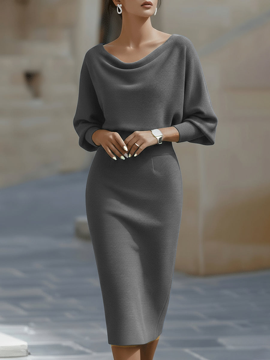 Womens midi sweater dress in Gray, cowl neck and batwing sleeves, front view