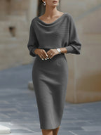 Womens midi sweater dress in Gray, cowl neck and batwing sleeves, front view