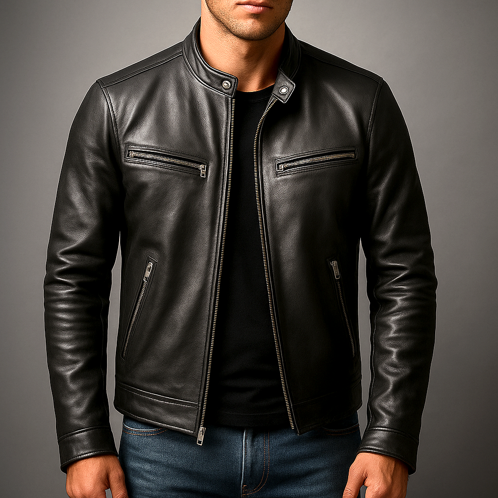 Four Zip Pockets Leather Jacket with Stand Collar