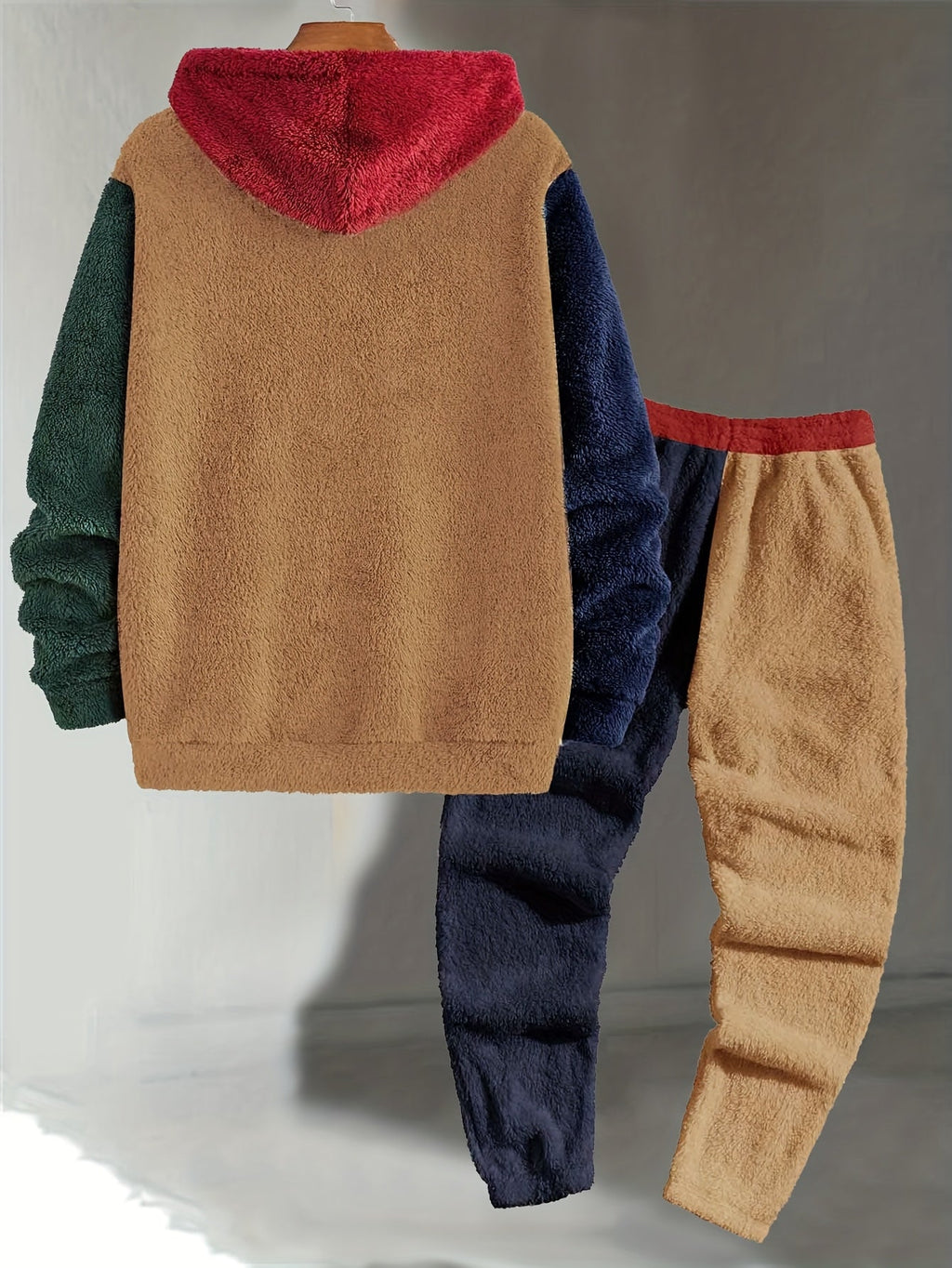 Mens sherpa fleece tracksuit in Camel, hoodie and joggers on a hanger, back