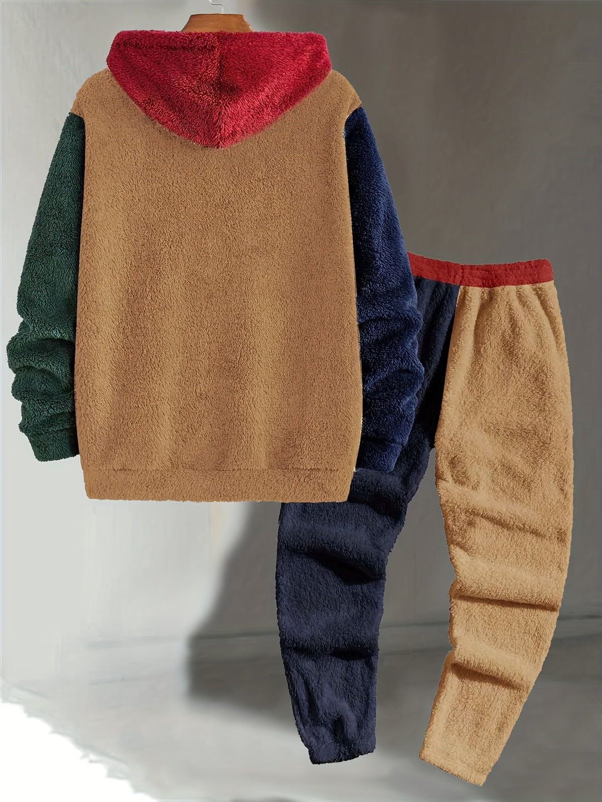 Mens sherpa fleece tracksuit in Camel, hoodie and joggers on a hanger, back