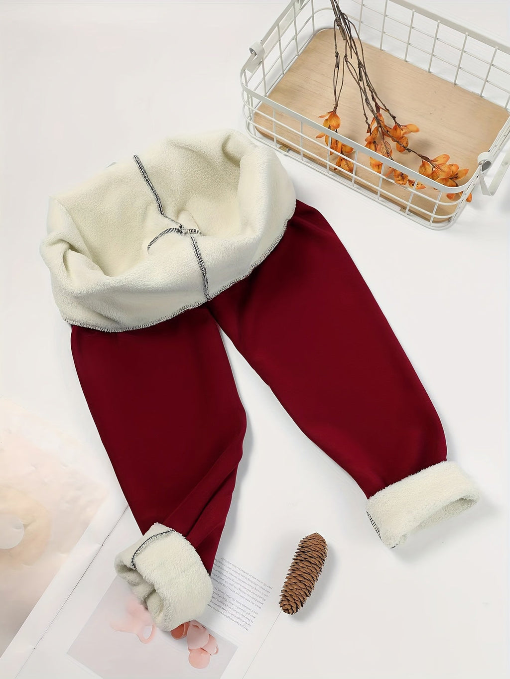 Womens fleece lined leggings in Burgundy, laid flat inside out