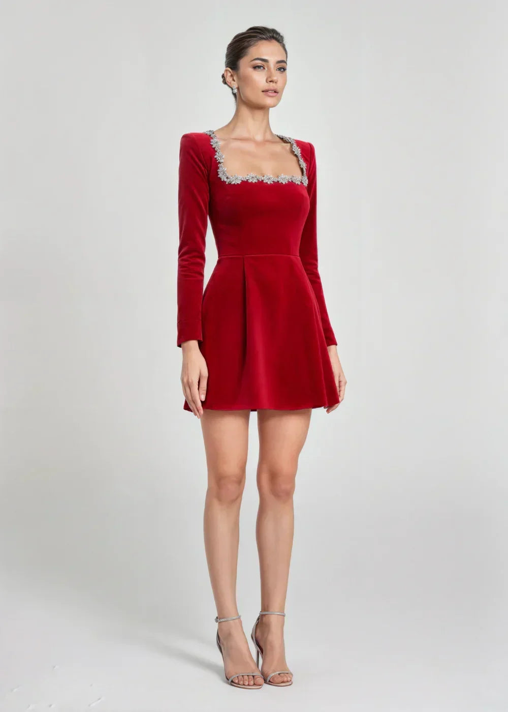 Womens velvet mini dress in Red, full length front view