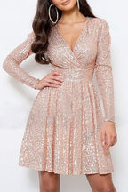 Womens wrap dress in Champagne, sequin wrap mini, front view