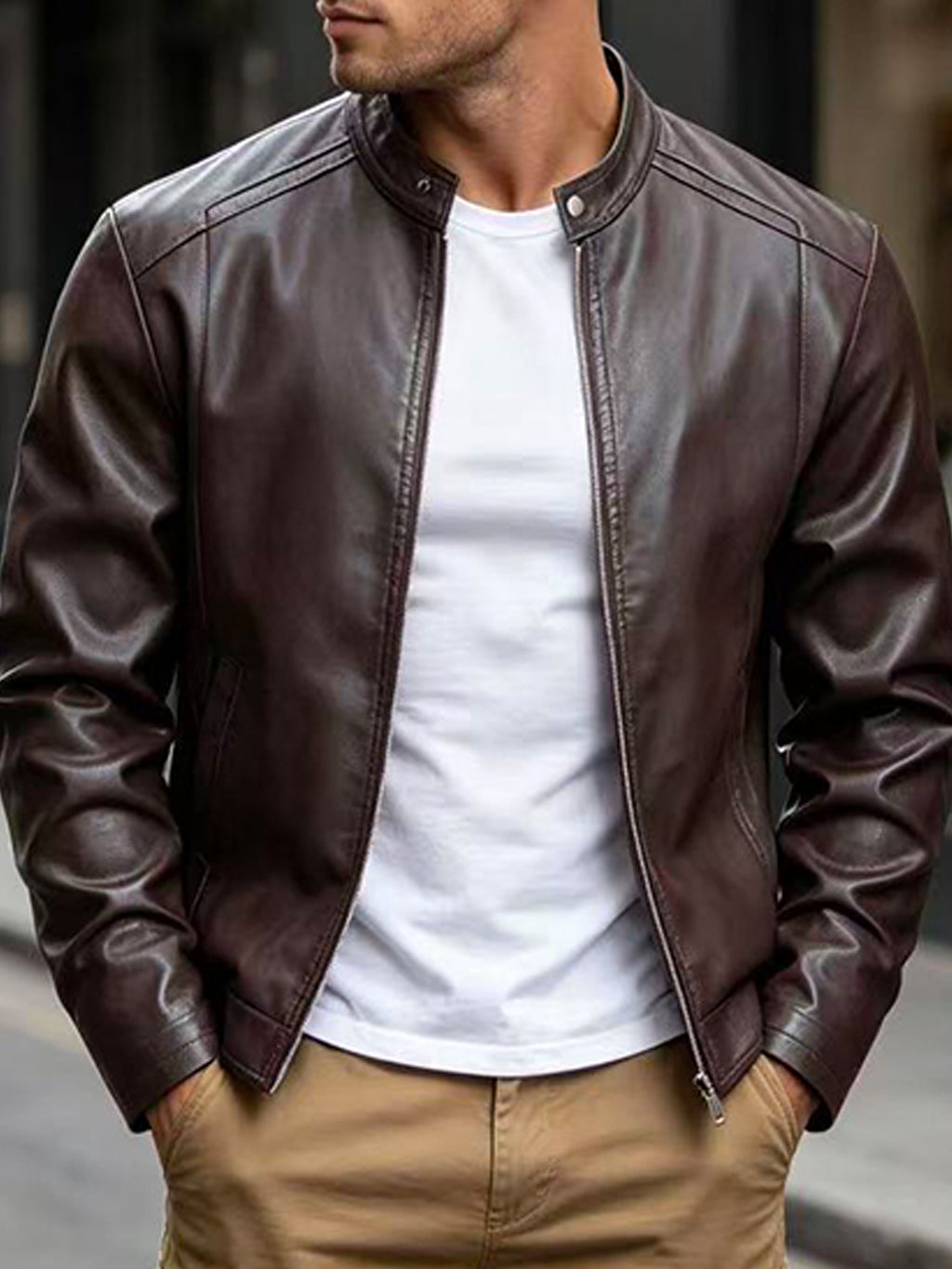 Stand Collar Leather Jacket with Zip Front