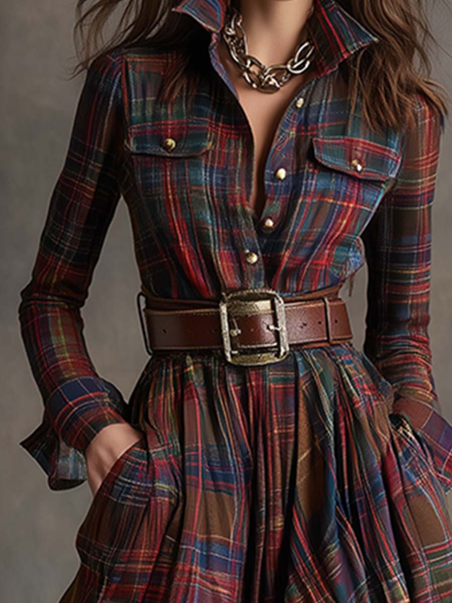 Womens plaid maxi shirt dress in Red, close-up of flap chest pockets and button front
