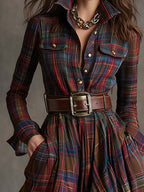 Womens plaid maxi shirt dress in Red, close-up of flap chest pockets and button front