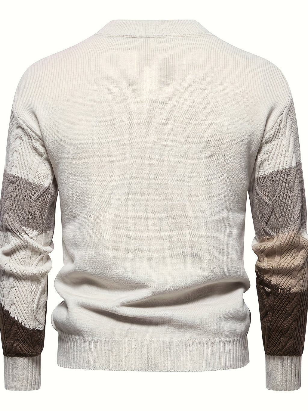 Mens cable knit sweater in Cream, back view, plain knit