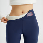 Womens fleece lined leggings in Navy, high waist folded to show the plush lining