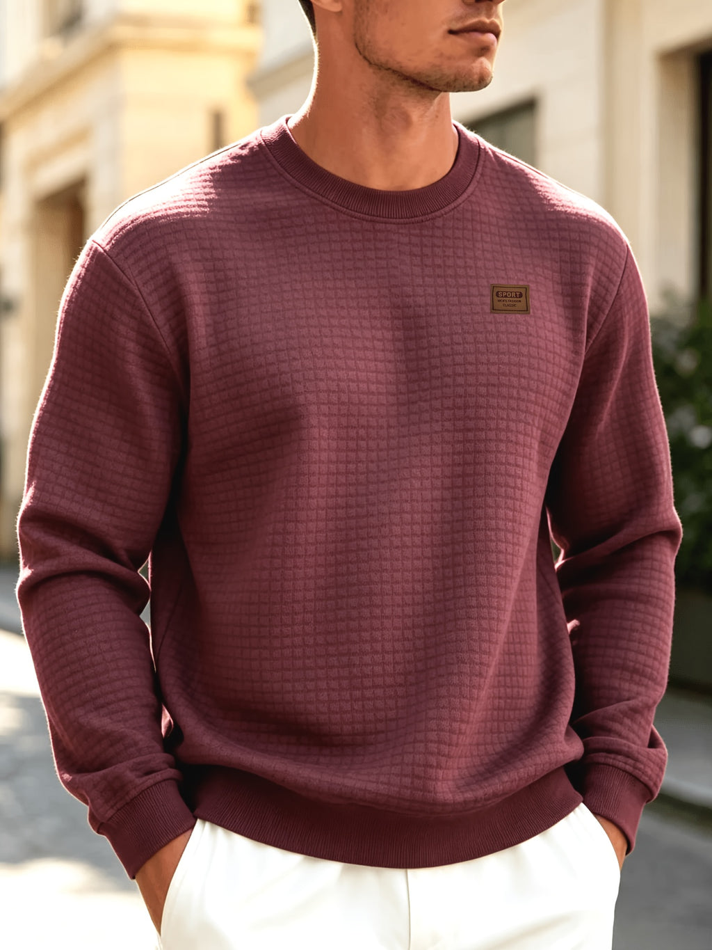 Leather Patch Crewneck Sweater with Waffle Texture