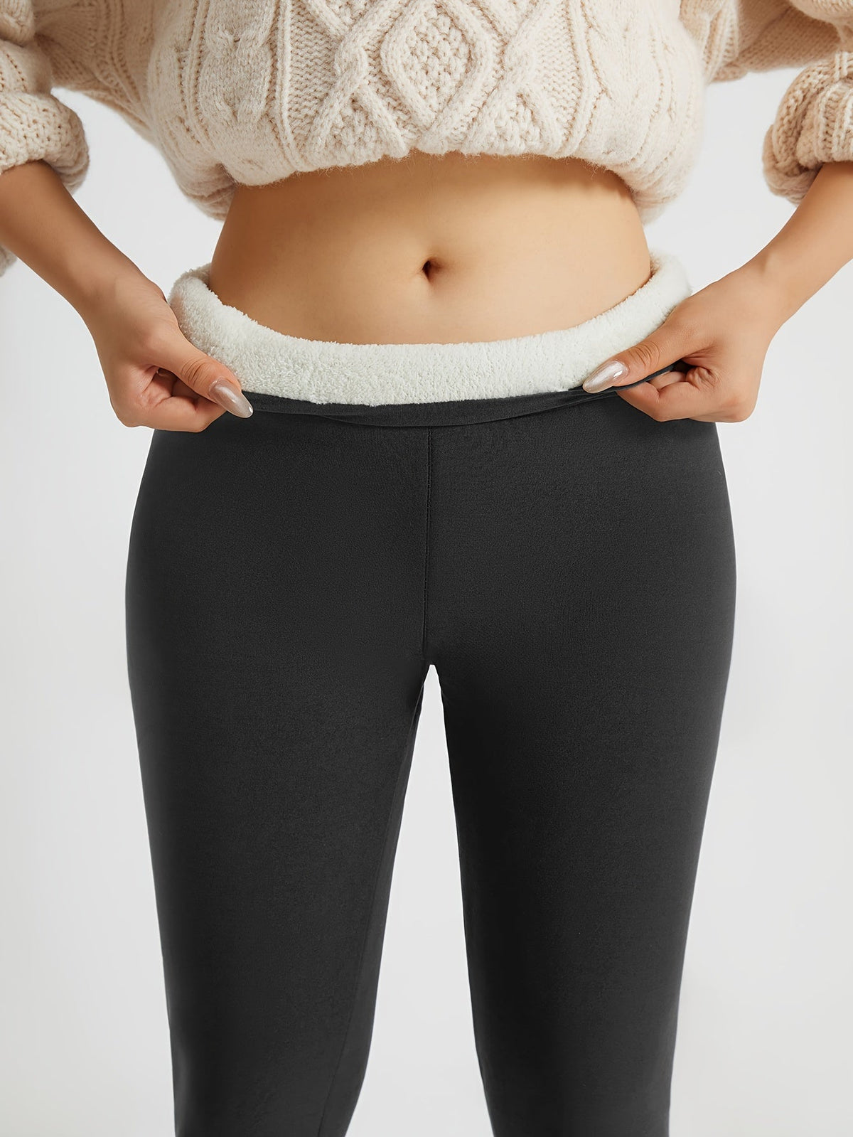 Womens fleece lined leggings in Dark Gray, high waist folded to show the plush lining