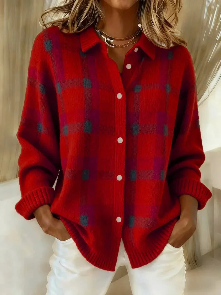 Womens cardigan in Red, plaid, front view