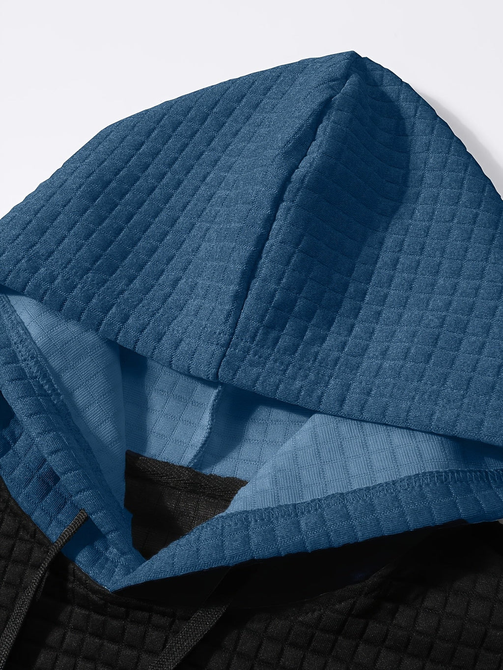 Mens hoodie in Blue, close-up of the waffle knit hood