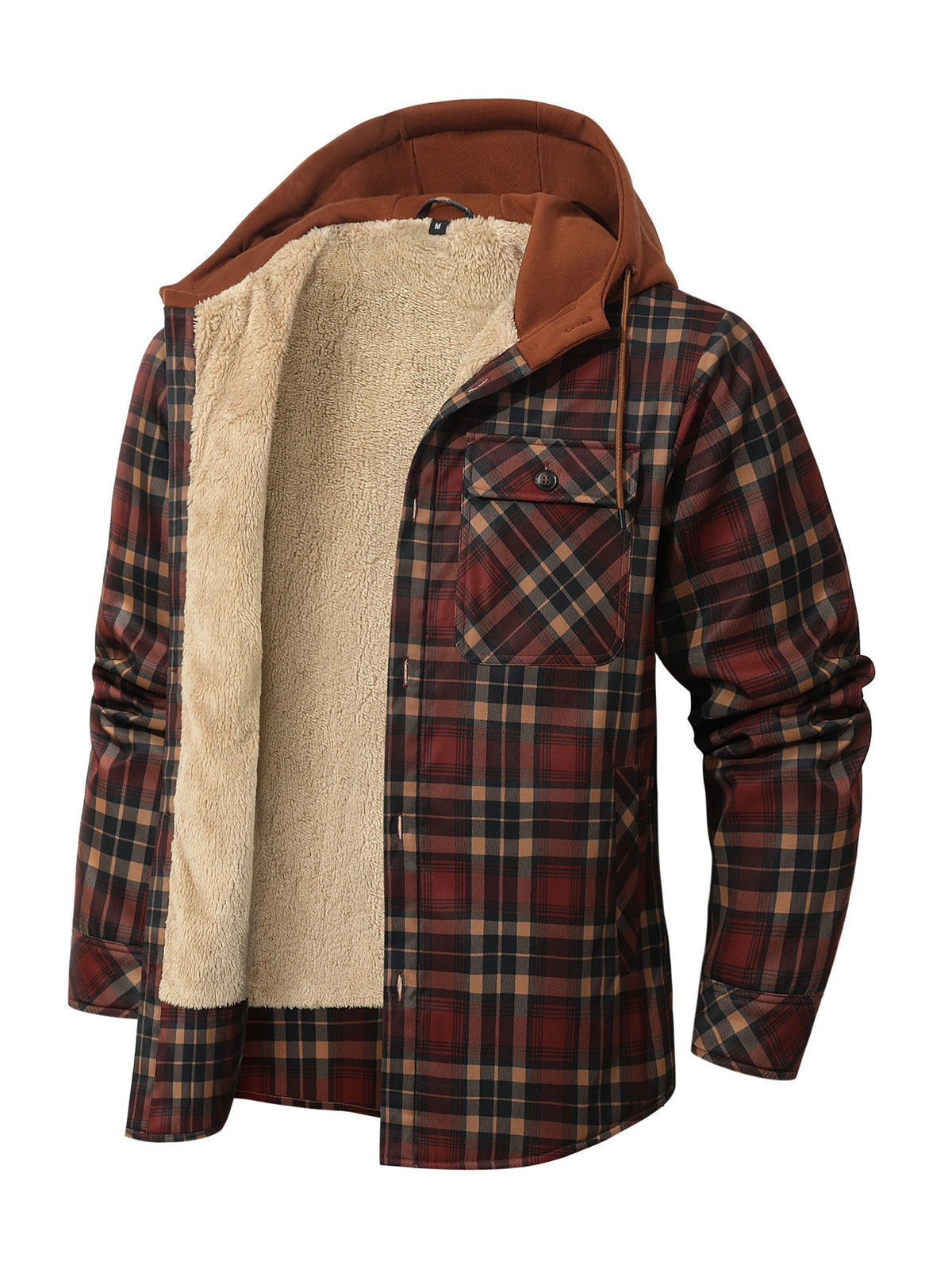 Red Hooded Flannel Shirt Jacket for men, view 3