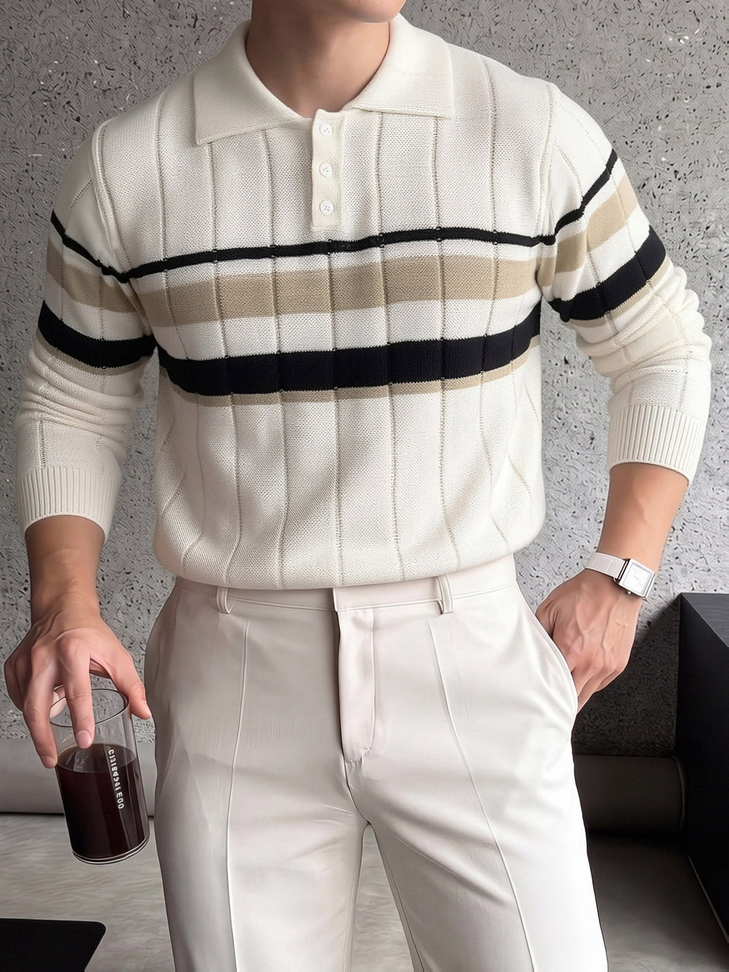 Striped Knit Polo with Button Placket