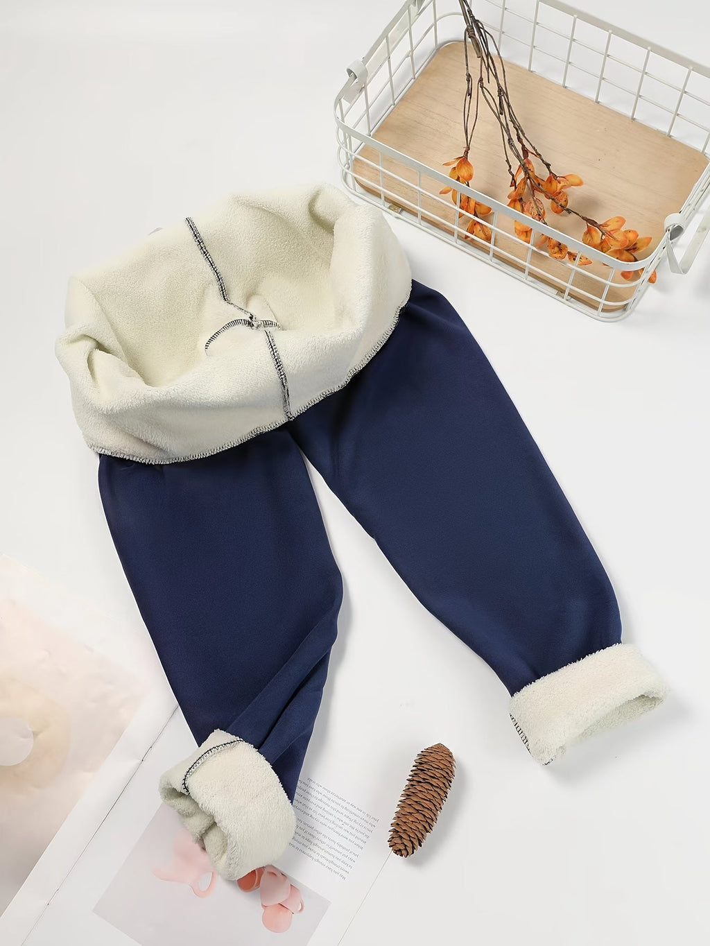 Womens fleece lined leggings in Navy, laid flat inside out