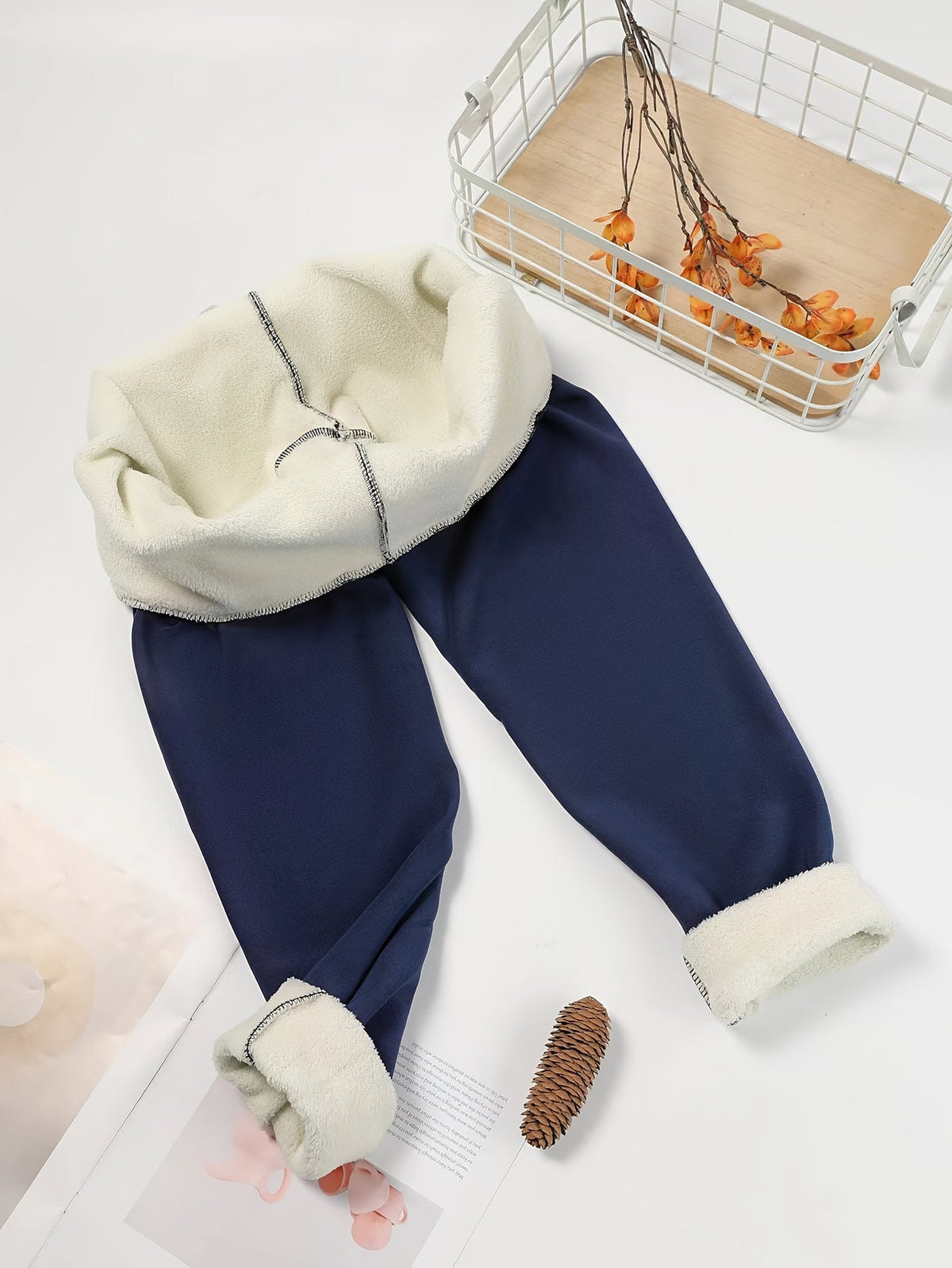 Womens fleece lined leggings in Navy, laid flat inside out