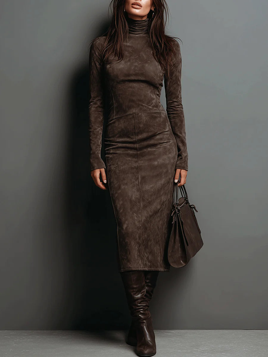 Womens turtleneck midi dress in Brown, full length front view